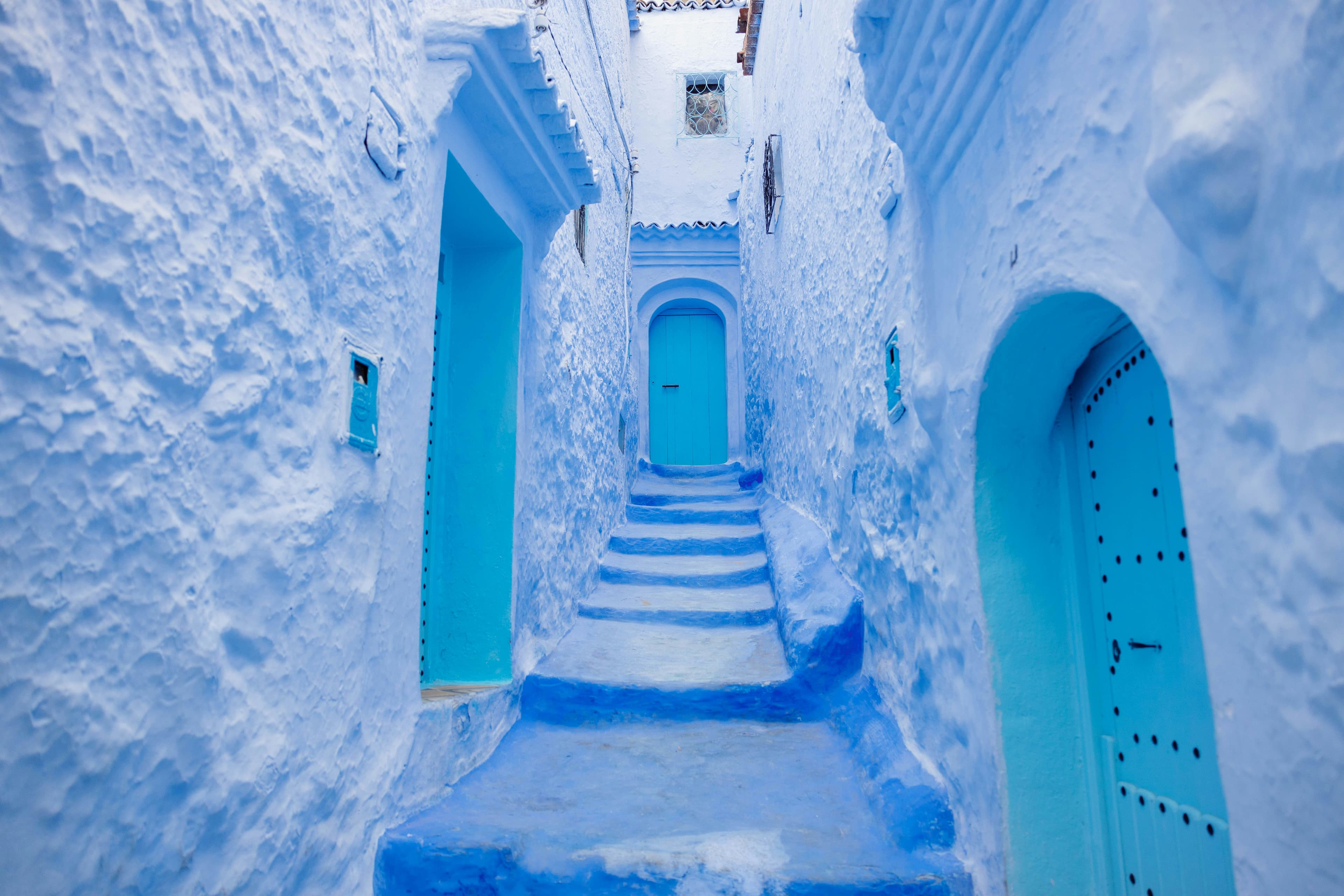 Arched doorways in a Moroccan medina alley